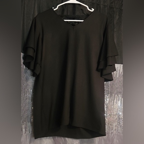 St Jubileens Black Polyester Lace Embroidered Back Ruffle short sleeves NWOT Lg - Picture 7 of 12